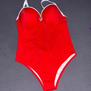 Shade‎ Shore Red Swimsuit Women's 38D One Piece White Trim Padded Underwire